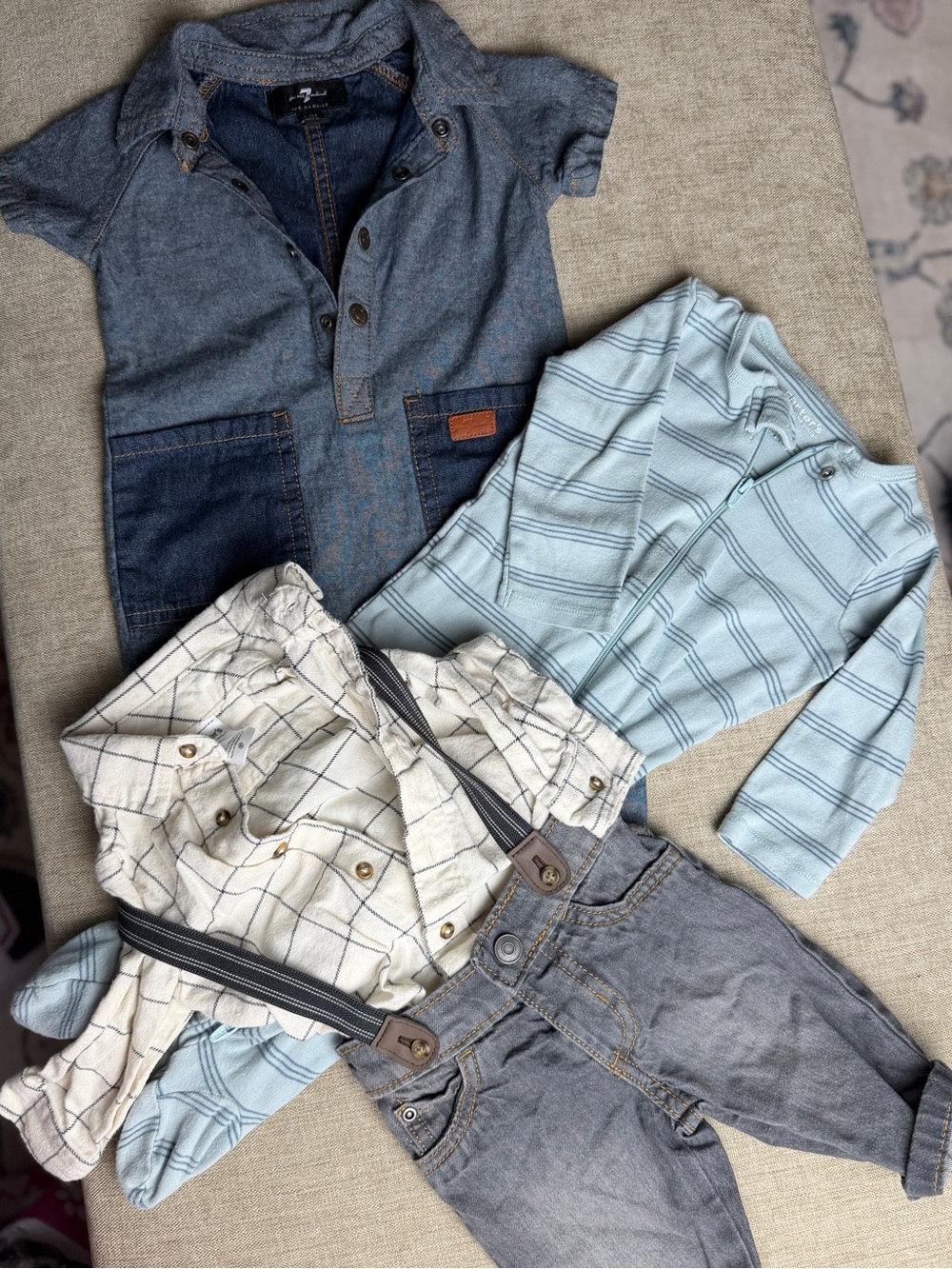 Lot of 3 Denim-Look Polo, Blue Stripe Zip-Up & Cream Plaid Shirt with Gray Pants